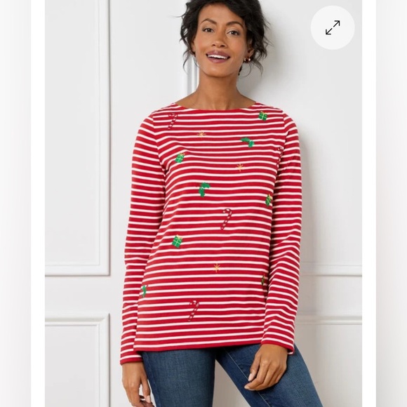 TALBOTS EMBROIDERED BATEAU NECK TEE - HOLIDAY ICONS SIZE L - Picture 1 of 3